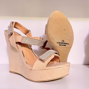Fashion Nova Nude Platform Wedges with Rhinestone Straps